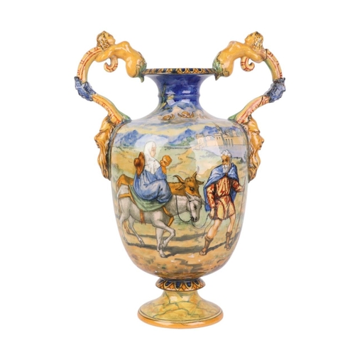 756 - A large Cantagalli style twin-handled vase decorated with classical scenes, 39cms high.