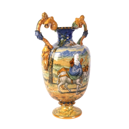 756 - A large Cantagalli style twin-handled vase decorated with classical scenes, 39cms high.