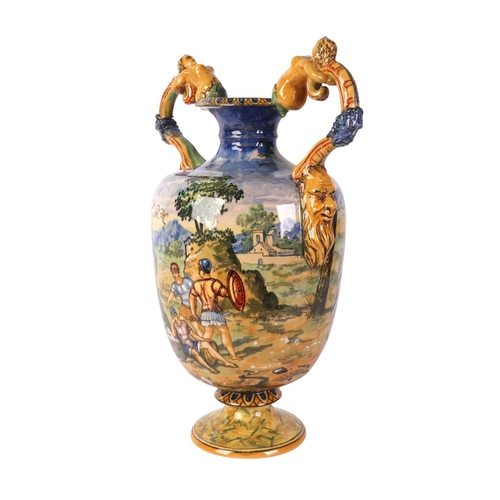 756 - A large Cantagalli style twin-handled vase decorated with classical scenes, 39cms high.