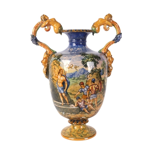 756 - A large Cantagalli style twin-handled vase decorated with classical scenes, 39cms high.