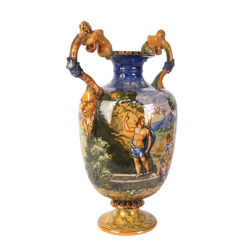 756 - A large Cantagalli style twin-handled vase decorated with classical scenes, 39cms high.