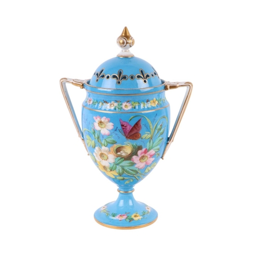 761 - A Victorian porcelain pot pourri vase and cover decorated with flowers, on a turquoise ground, appro... 