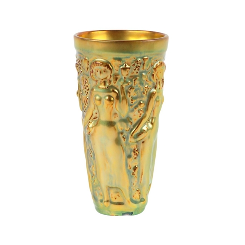 763 - A Zsolnay Art Deco lustre vase decorated with figures in relief (a/f), 16cms high.