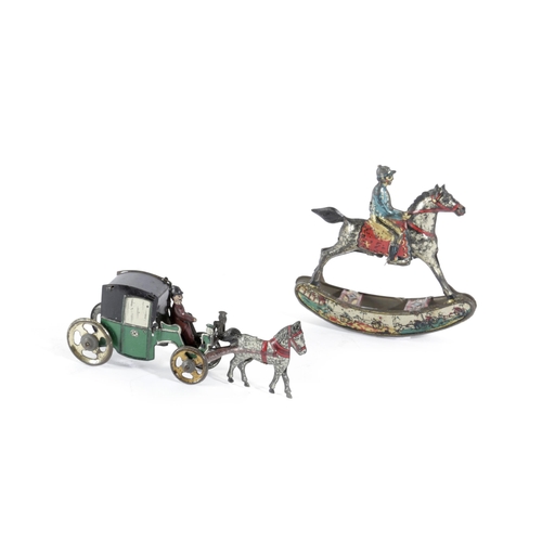 795 - A German rocking horse penny toy probably by Meier: together with another of a horse and carriage, l... 