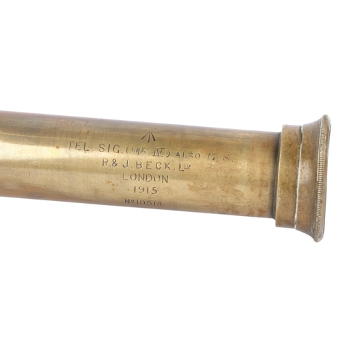 807 - A WWI military issue R&J Beck Mk IV two-draw leather cased telescope, 65cms long extended (a/f).