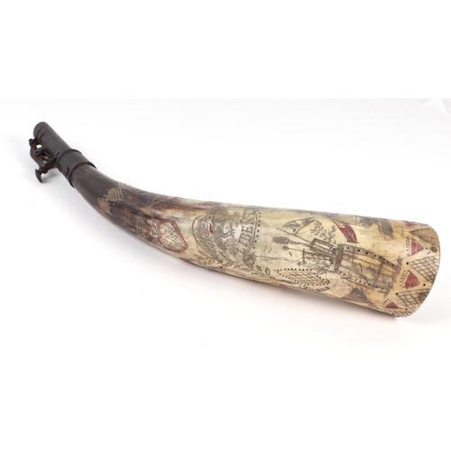 842 - A scrimshaw engraved horn powder flask entitled 'Liberty', decorated with a sailing ship, mermaid, e... 