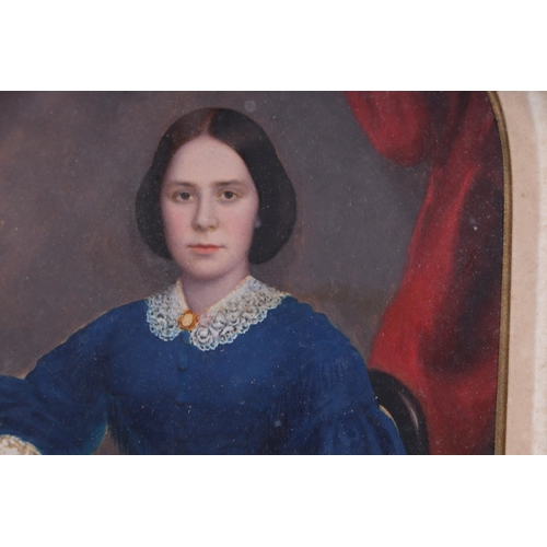 845 - Victorian school - Portrait of a Young Lady Wearing a Blue Dress - overpainted print, framed & glaze... 