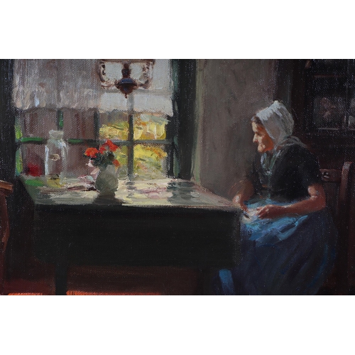 852 - John Russell Greig (1889-1963) - Interior Cottage Scene with an Old Lady Seated at a Table - oil on ... 