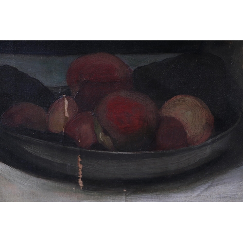 856 - W Nicholson - Still Life of Fruit and Water Jug - oil on canvas, signed to verso, 34 by 27cms.