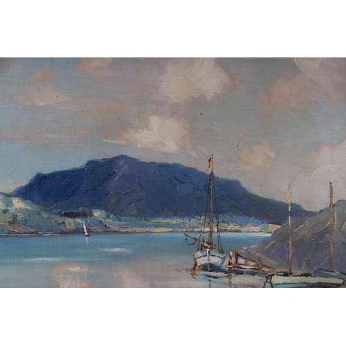 859 - Early 20th century Scottish school - Scottish Loch Scene with Moored Boats - oil on canvas, indistin... 