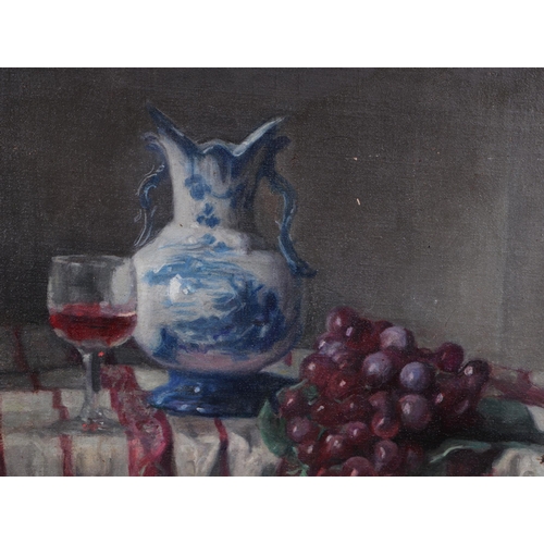 861 - George Weissbort (1928-2013) - Still Life of a Blue & White Vase and Grapes - signed lower left, oil... 