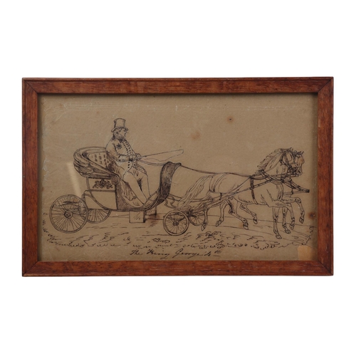 867 - 19th century school - King George IV Driving a Carriage - pen & ink, framed & glazed, 22 by 13.5cms;... 