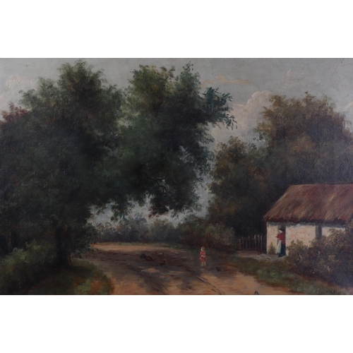 874 - Victorian school - Country Lane with Figures Feeding Chickens - oil on canvas, framed, 50 by 34cms.