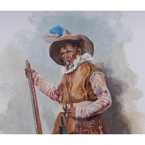 878 - J Norie - Study of a Cavalier - signed lower right, gouache, framed & glazed, 25 by 38cms.