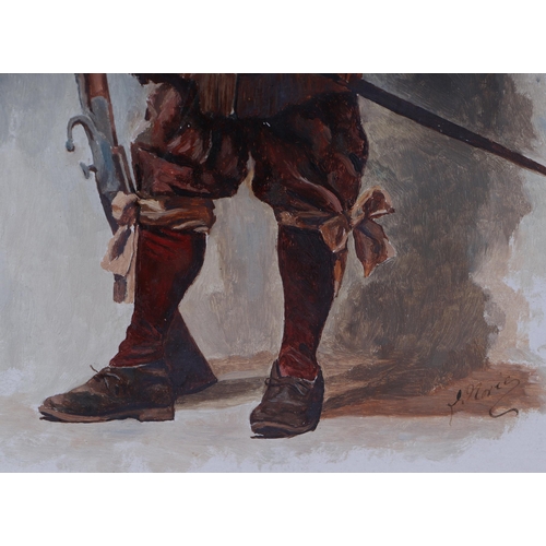 878 - J Norie - Study of a Cavalier - signed lower right, gouache, framed & glazed, 25 by 38cms.