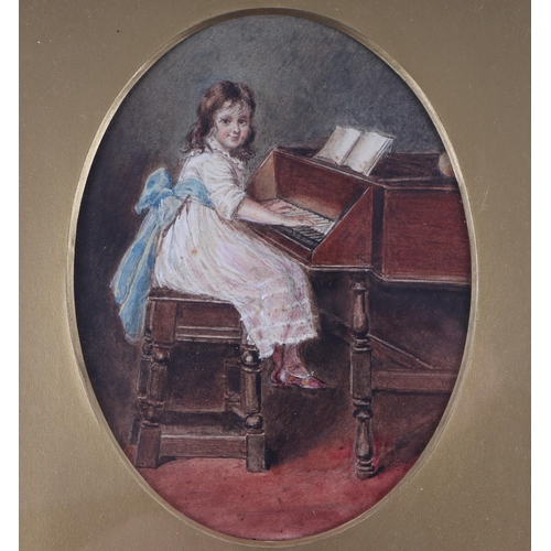 887 - Late 19th century school - Portrait of a Young Girl Seated at a Piano - watercolour, 12 by 16cms, fr... 