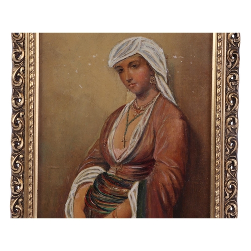 890 - Middle Eastern School - Portrait of a Young Woman - oil on board, framed, 15 by 23cms.