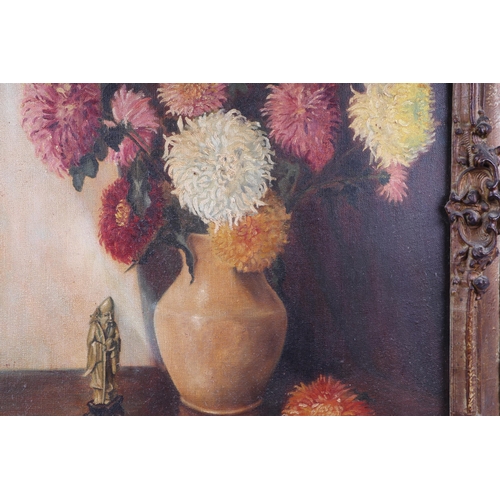 906 - Stanley Jones (British school) - Still Life of Flowers in a Vase with a Chinese Soapstone Figure Bes... 