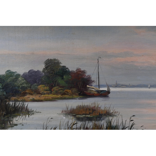 909 - F Juiel (?) - Estuary Scene with Sailing Boats and a Fisherman in the Foreground Fishing from a Punt... 