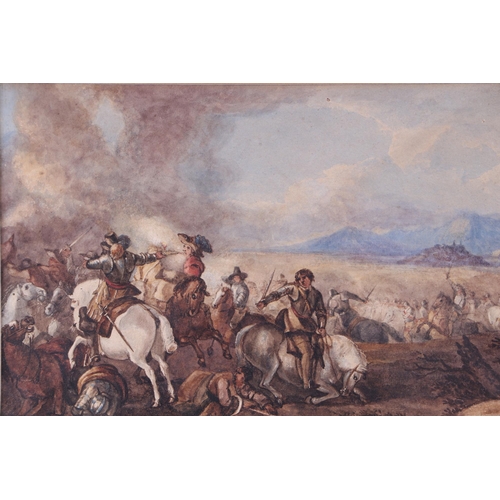 910 - English school - a Charles I battle scene with cavalry and soldiers at foot, watercolour, 25 by 15cm... 