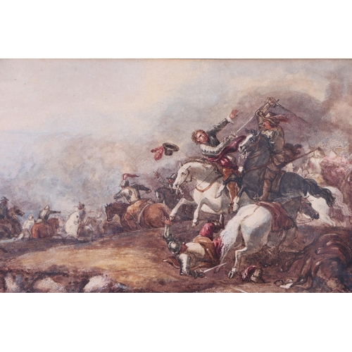 911 - English school - a Charles I battle scene with cavalry and soldiers at foot, watercolour, 25 by 15cm... 