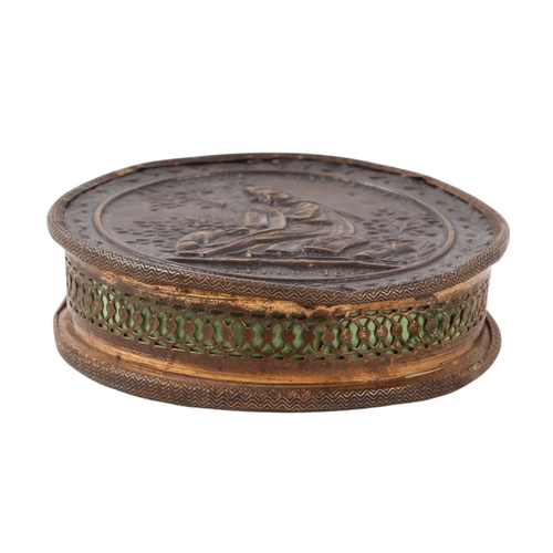 939 - An early 19th century 1815 Waterloo commemorative pressed brass and leather tobacco box, the top dec... 