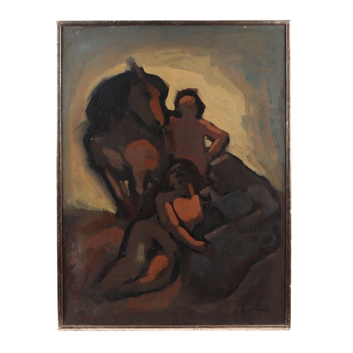 896 - Modern British - Abstract of Two Nude Figures with a Horse - oil on canvas, initialled 'ZL' lower ri... 