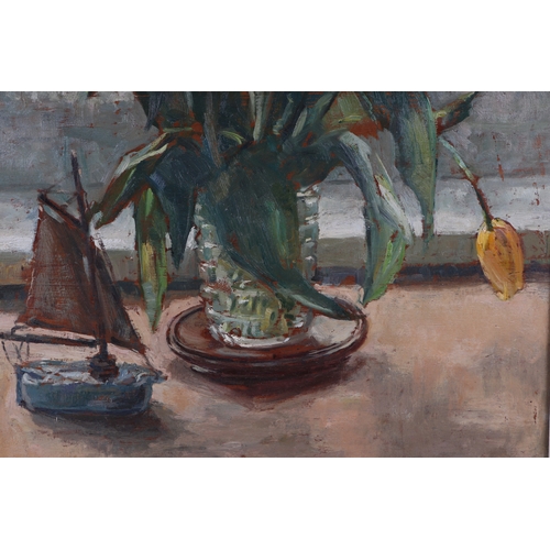 900 - Continental school - a large still life painting depicting an interior scene of tulips in a vase bes... 