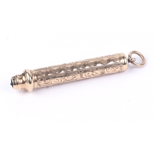 573 - A 9ct rose gold fob pencil with engraved decoration, 5cms long, 7.2g.