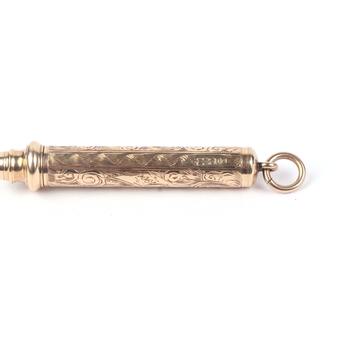 573 - A 9ct rose gold fob pencil with engraved decoration, 5cms long, 7.2g.