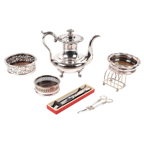 448 - A quantity of assorted silver plated items comprising a Victorian wine coaster with pierced rim, 15c... 