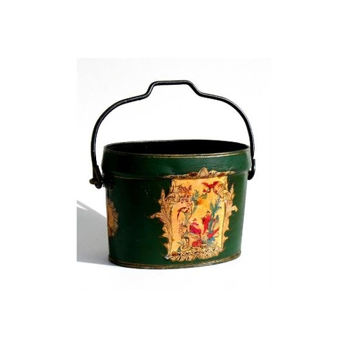 1710 - A Victorian oval green painted decoupage bucket, 36cms (14ins) wide.