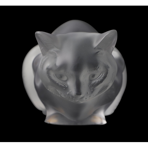 741 - A Lalique frosted glass figure depicting a crouching cat, numbered 1160200 with etched signature to ... 