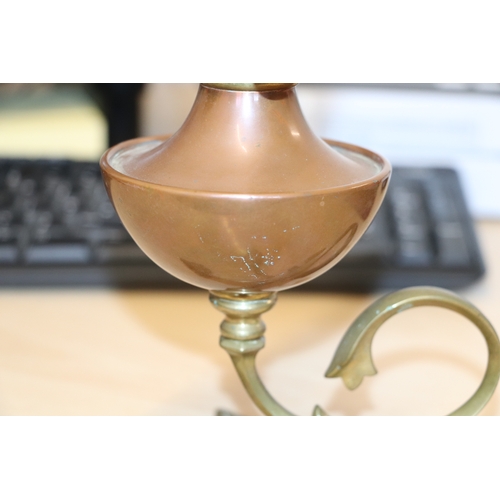 695 - A WAS Benson brass and copper oil lamp on a naturalistic leaf base, marked and numbered 543 to the u... 