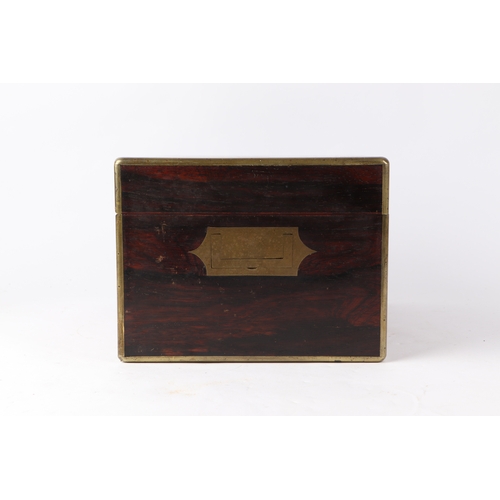 261 - A Victorian brass bound rosewood toilet box with fitted interior containing silver mounted jars and ... 