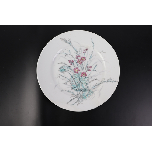 613 - A pair of Chinese famille rose plates decorated with flowers, 23cms diameter (2).