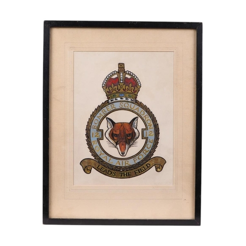 106 - Royal Airforce 12 Bomber Squadron crest, gouache, 15 by 20cms, Howard Leigh engraving of WWI dog fig... 