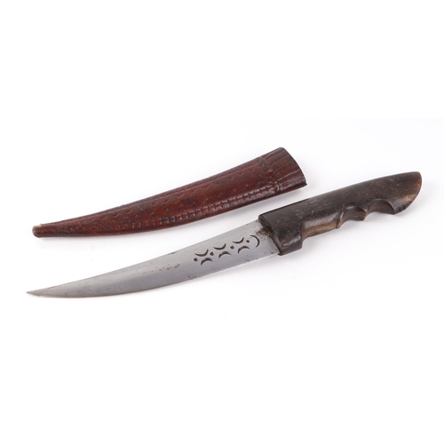 108 - A small Marsh Arab dagger with carved horn handle and leather scabbard, 28cms long.