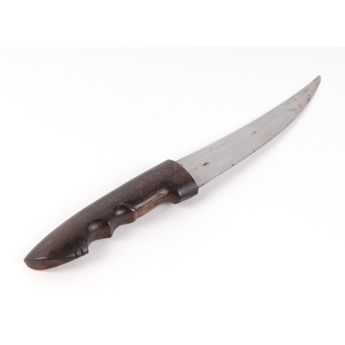 108 - A small Marsh Arab dagger with carved horn handle and leather scabbard, 28cms long.