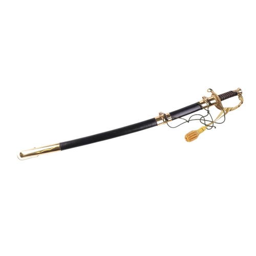 115 - A modern Naval dress sword with leather scabbard, 95cms long.