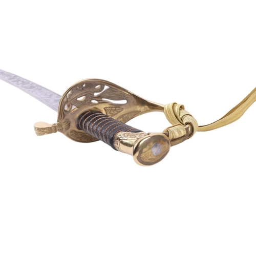 115 - A modern Naval dress sword with leather scabbard, 95cms long.