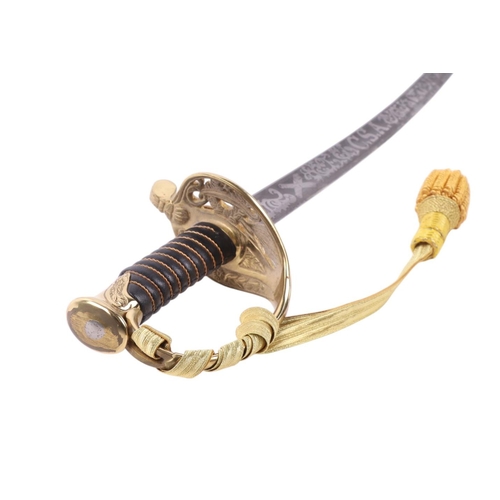 115 - A modern Naval dress sword with leather scabbard, 95cms long.