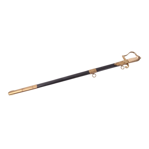 116 - A modern Naval dress sword with leather scabbard, 95cms long.