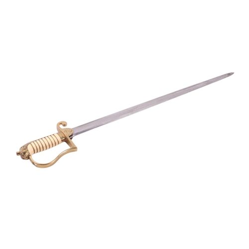 116 - A modern Naval dress sword with leather scabbard, 95cms long.