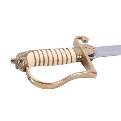 116 - A modern Naval dress sword with leather scabbard, 95cms long.