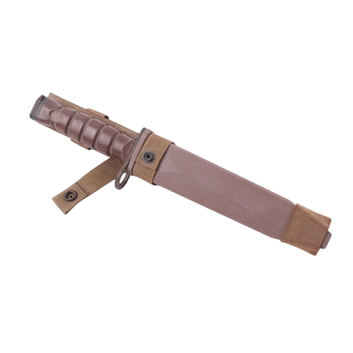 119 - A modern Army bayonet with canvas frog and hard plastic scabbard, 36cms long.