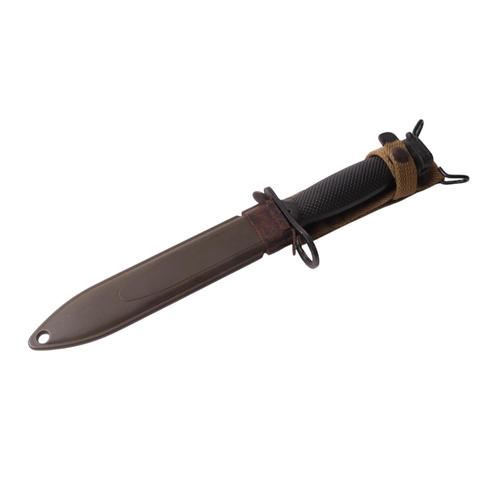 120 - A military bayonet with canvas frog and green metal scabbard, 33cms long.