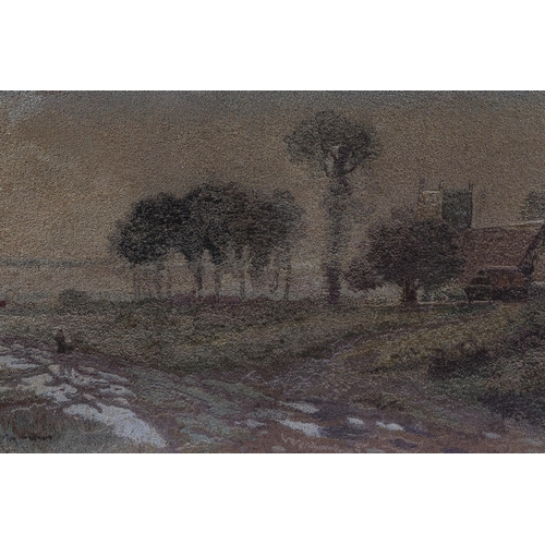 130 - A silk embroidered landscape scene depicting figures in a church, framed & glazed, 49 by 27cms.