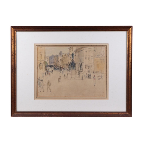 179 - Harriet Marion ? - a 1920's London street scene, pen & ink, pencil and watercolour, indistinctly sig... 