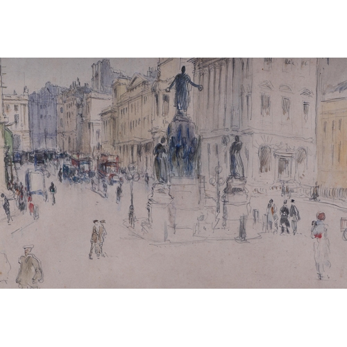 179 - Harriet Marion ? - a 1920's London street scene, pen & ink, pencil and watercolour, indistinctly sig... 